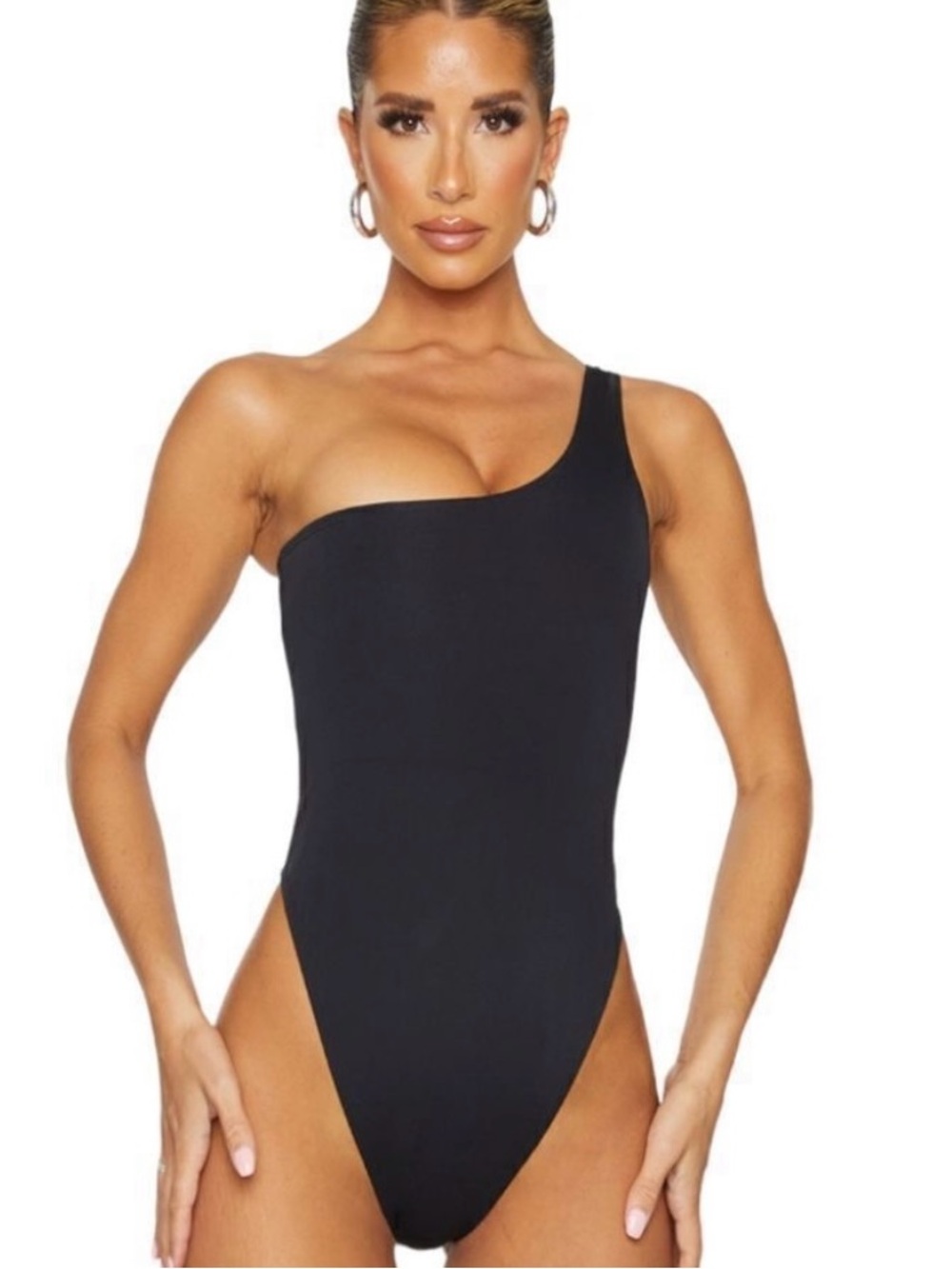 PrettyLittleThing Black One-Shoulder scuba one piece swimsuit NWOT